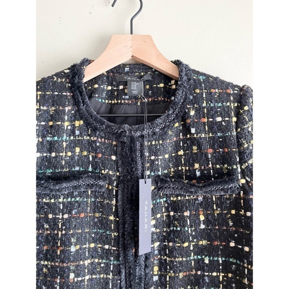 NWT Tahari Metallic Thread Tweed Fringe-Trim Blazer Jacket in Black,‎ XS - Picture 2 of 12